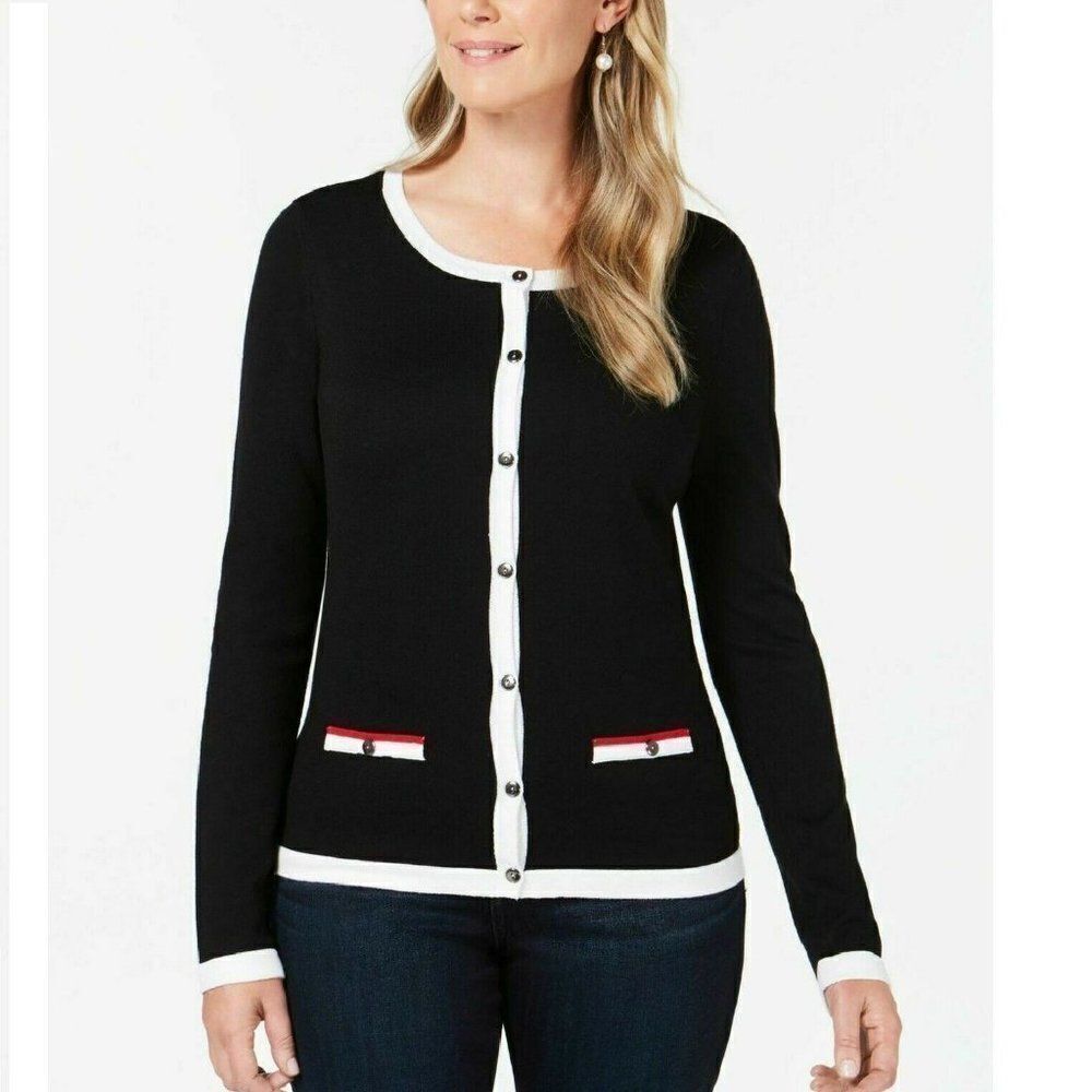 Karen Scott Womens Black Stripe Long Sleeve Button Front Cardigan Sweater Medium